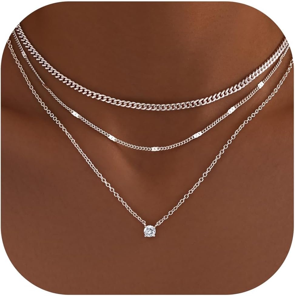 WomenGifts Layered Gold Necklaces for Women, 14K Gold Sterling Silver Plated Dainty Pendant Necklace Set with Cubic Zirconia Circle, Chunky Stackable Cuban Chain Choker, Trendy Waterproof Jewelry Gift