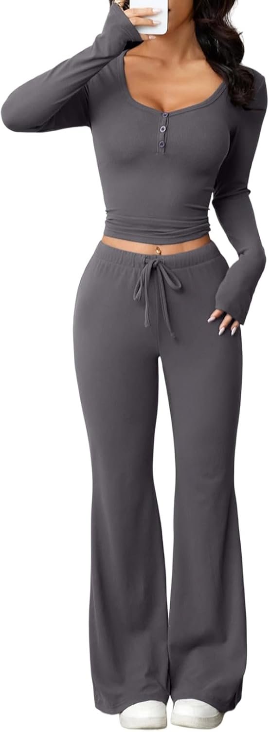 Herseas Women’s 2 Piece Outfits Long Sleeve Button Down Tops Flared Pants Tracksuits Casual Lounge Set