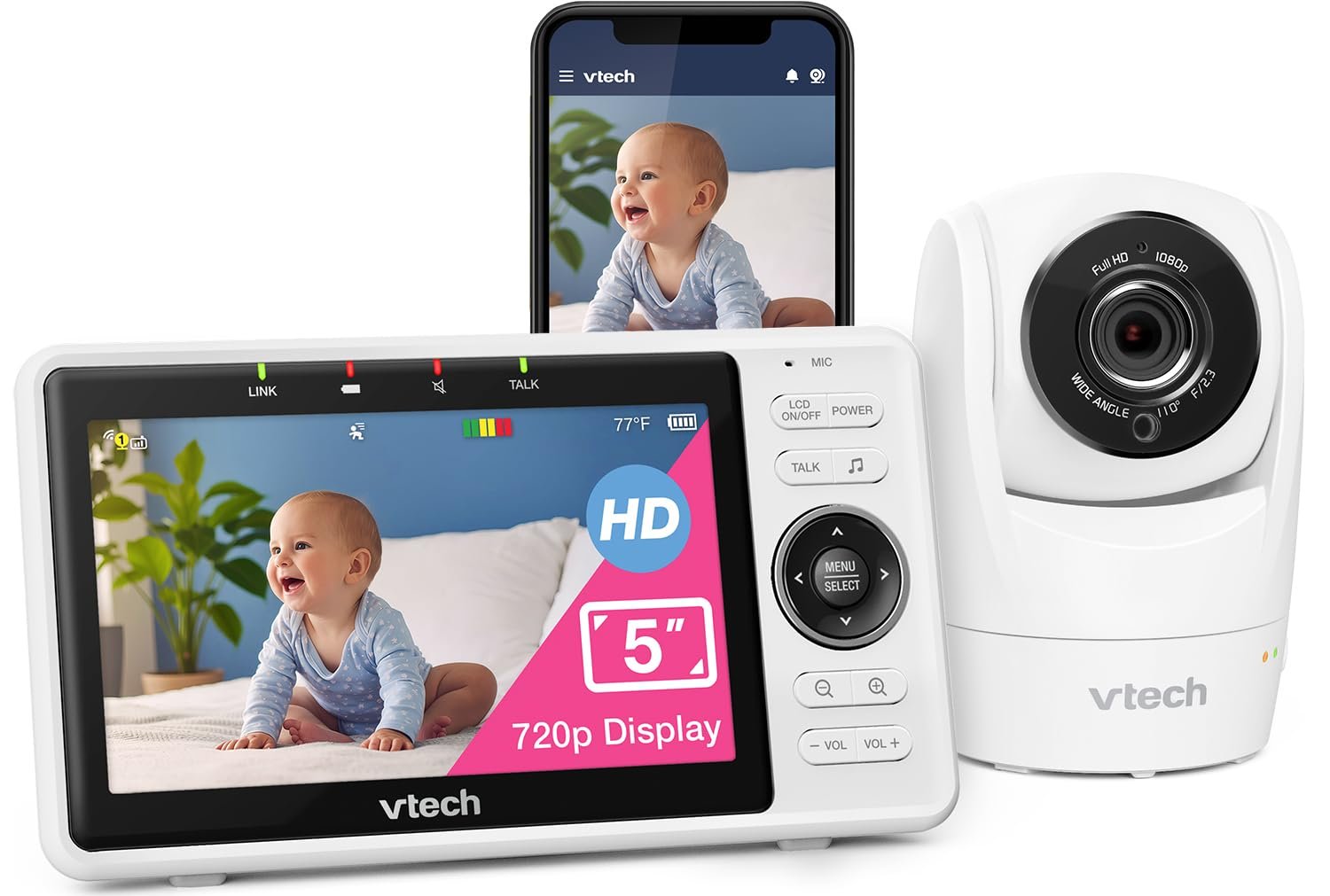VTech Upgraded Smart WiFi Baby Monitor, 1080p FHD Camera and 5″ HD IPS Display, Free App with Motion Video, Sound/Motion Detection and Notifications, Fully Remote Pan-Tilt-Zoom: VM901