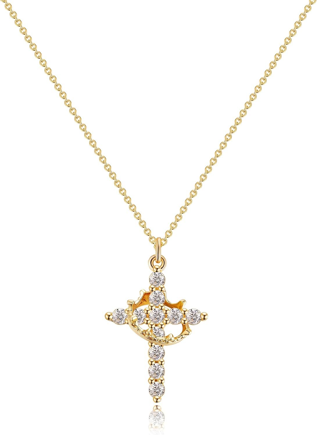 Tewiky Christian Gift Stocking Stuffers Cross Necklace for women-Dainty 14k Gold Plated/Silver Plated Pendant Necklaces Simple Cute Tiny Necklace Jewelry for Women