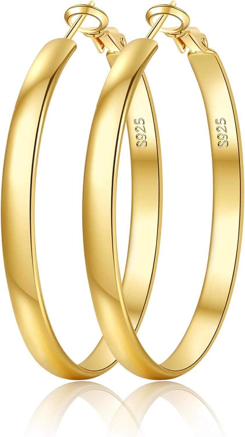 EXGOX 5mm Wide Gold Hoop Earrings for Women,Sterling Silver Hoop Earrings Large Silver Hoop Earrings Hypoallergenic Lightweight 14K Real Gold Plated Big Hoop Earrings for Women 30/40/50/60/70mm