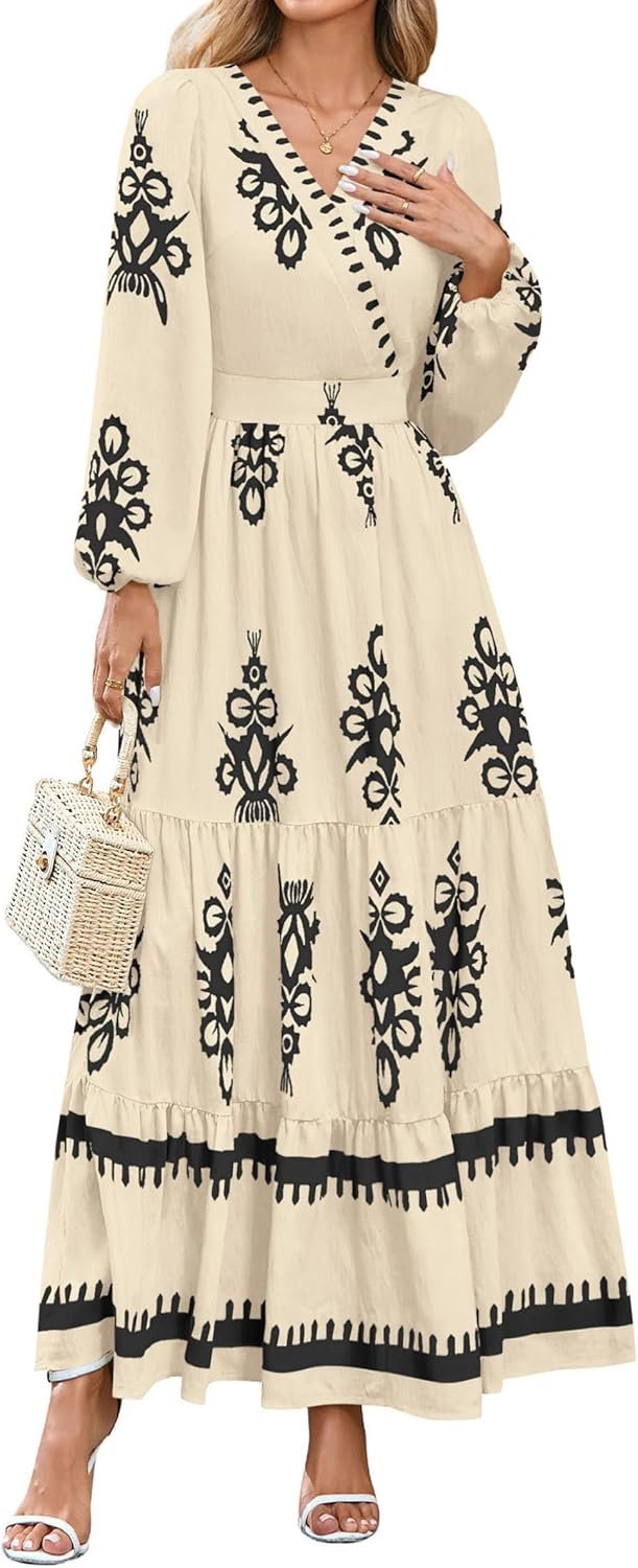PRETTYGARDEN Women’s 2025 Fall Wedding Guest Dresses Boho Floral Long Sleeve V Neck Flowy Elegant Maxi Dress Beach Clothes