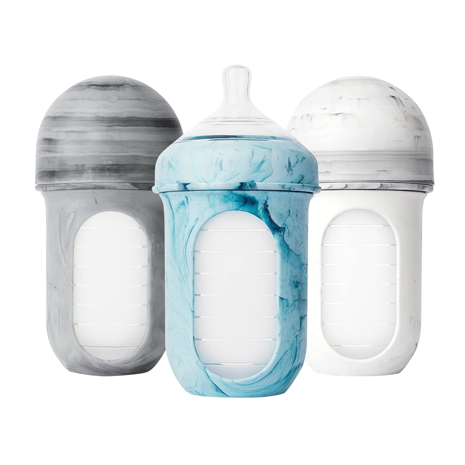 Boon Nursh Reusable Silicone Pouch Baby Bottles – Medium Flow Nipple – Silicone Baby Bottle Pouch and Nipple – Baby Feeding Essentials – Tie Dye – 3-6 Months – 3 Count – 8 Ounce