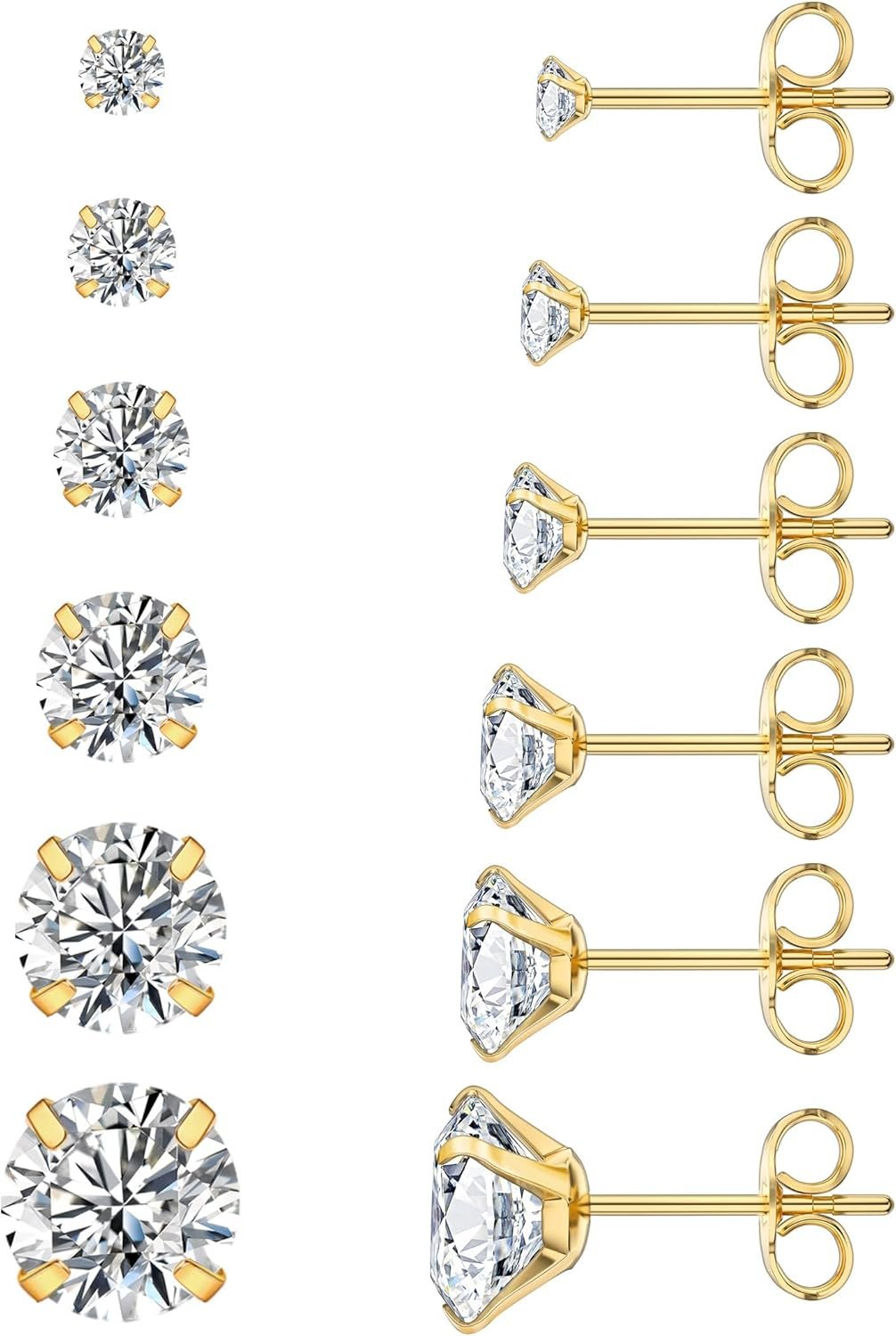 6 Pairs Stud Earrings Set, Hypoallergenic Cubic Zirconia 316L Earrings Stainless Steel CZ Earrings 3-8mm