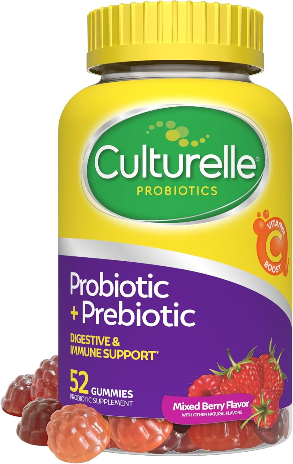 Culturelle Daily Probiotic Gummies for Women & Men, Berry Flavor, 52 Count, Naturally-Sourced Daily Probiotic + Prebiotic for Digestive Health, Non-GMO & Vegan