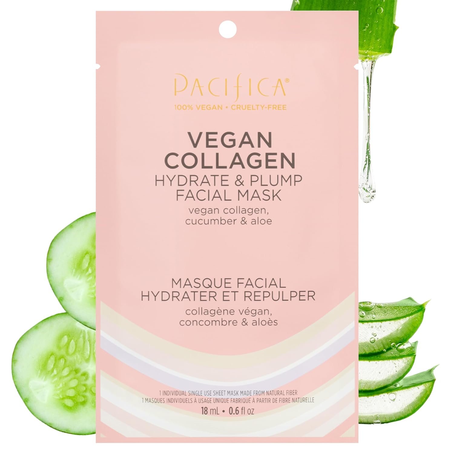 Pacifica Sheet Face Mask – Vegan Collagen Hydrate & Plump with Cucumber & Aloe – Moisturizing Mask for Dry & Aging Skin – Clean Beauty Vegan & Cruelty-Free Dermatologist Tested