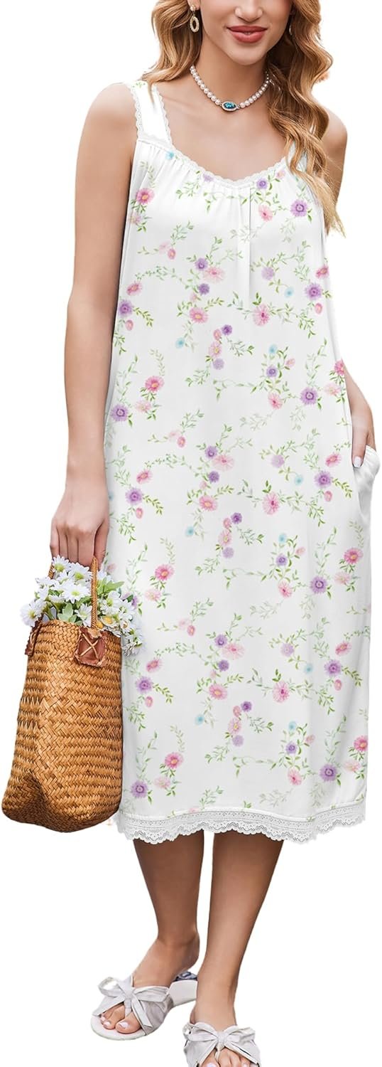Ekouaer Nightgowns for Women Sleeveless Night Gown Victorian Sleep Shirt with Pockets Ladies Pjs Lace Trim Sleepwear S-XXL