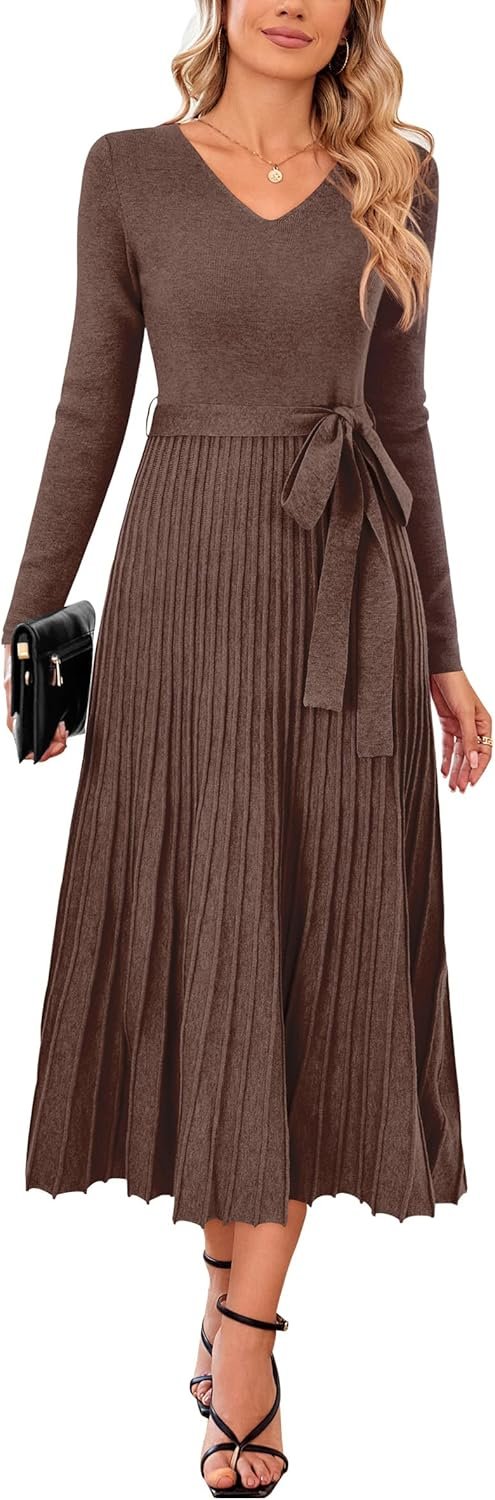Arach&Cloz Women’s Wool Blend Tie Waist Pleated Fall Sweater Dress 2025