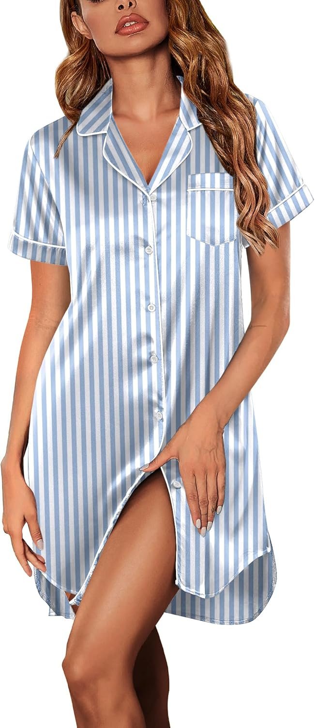 Ekouaer Women’s Satin Nightshirt Button Down Sleepshirt Silk Short Sleeve Nightgown Boyfriend Notch Collar Sleepwear