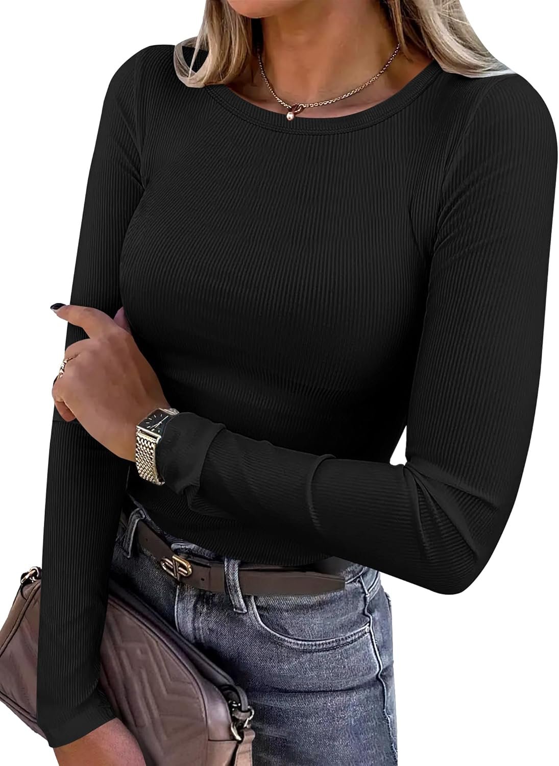 ANRABESS Women Long Sleeve Shirts Rib Knit Slim Fit Tops Basic Tee 2025 Fall Outfits Casual T-Shirt Underscrubs Layer Clothes