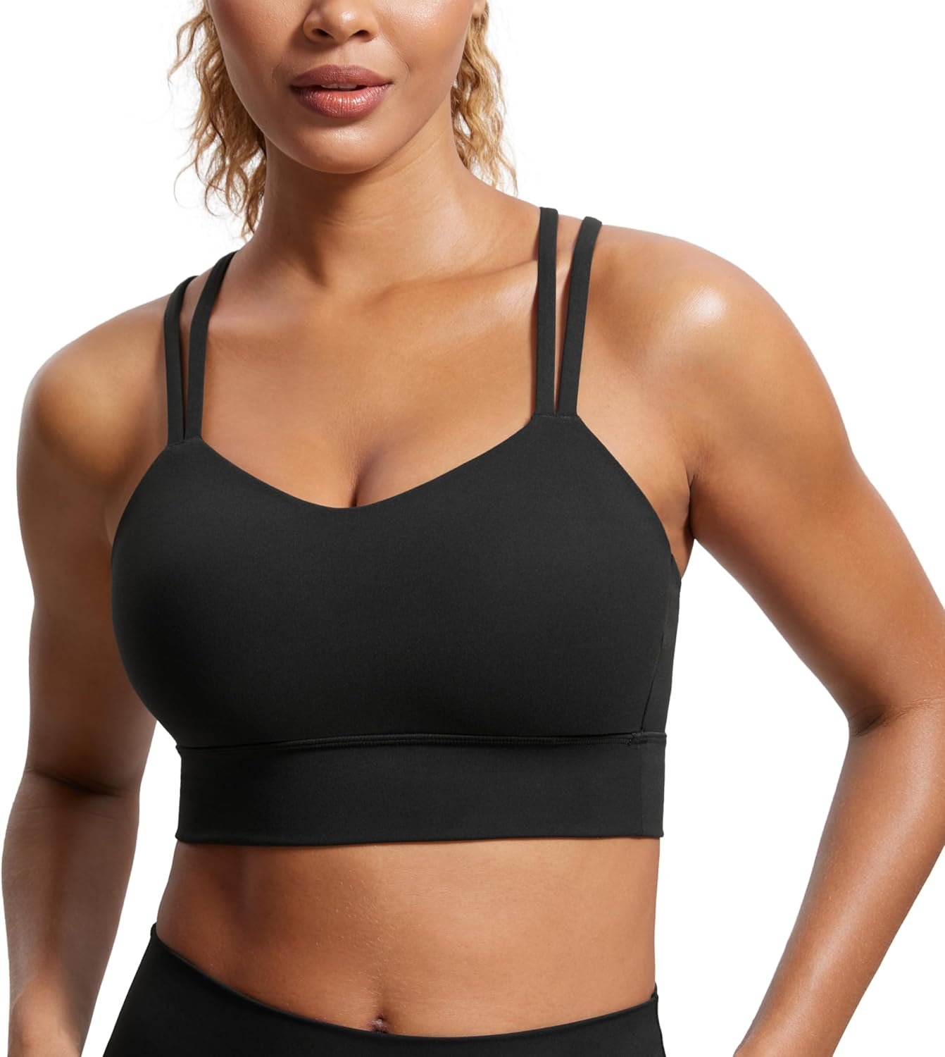 CRZ YOGA Softness Mold Butterluxe Strappy Longline Sports Bras for Women – Double Spaghetti Strap Workout Yoga Crop Top