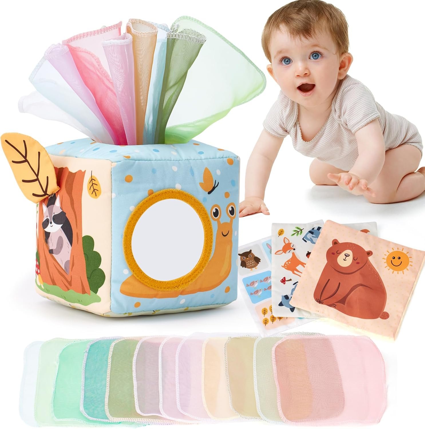 hahaland Baby Tissue Box Toy – Baby Toys 6-12 Months Stocking Stuffers for Babies Montessori Toys for 6 Month Old Must Haves – Boy Girl Shower Gifts 6 9 12 18 Months Old Sensory Pulling Play Scarf Toy