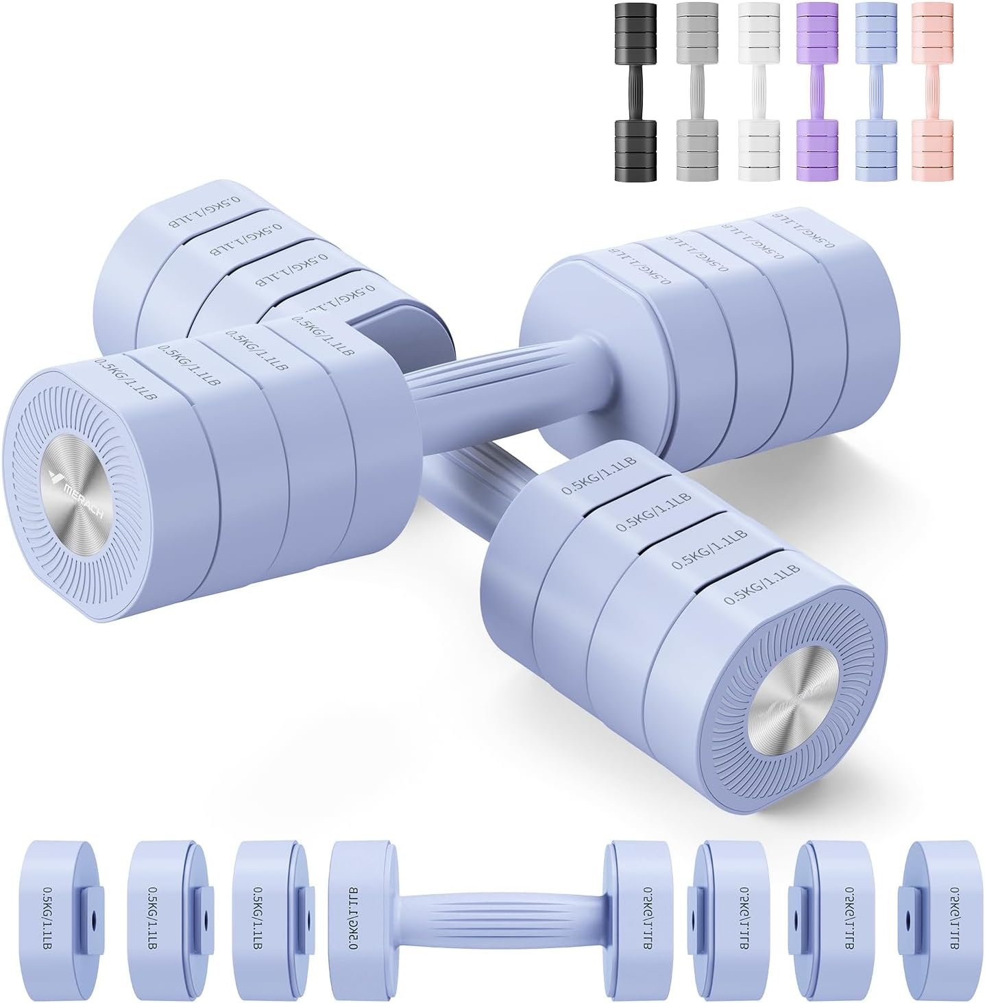 MERACH Dumbbell Set of 2, Adjustable Weight, Anti-slip Handle, Macaron Colors, Each 2.2/4.4/6.6/8.8 lbs, 4 in 1 Hand Weights for Women at Home