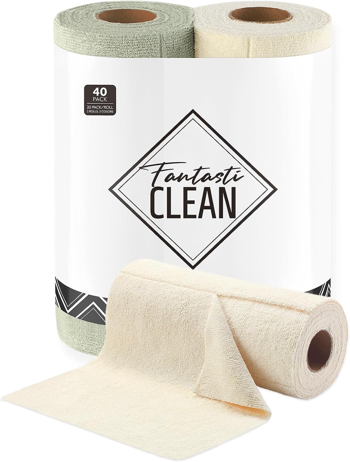 Fantasticlean Tear Away Dish Cloth – 40 Sheets – 10” by 10”, Reusable Washable Kitchen Towel Rolls, Super Absorbent and Thick Microfiber Cleaning Cloths (2 Rolls of Beige and MossGreen)