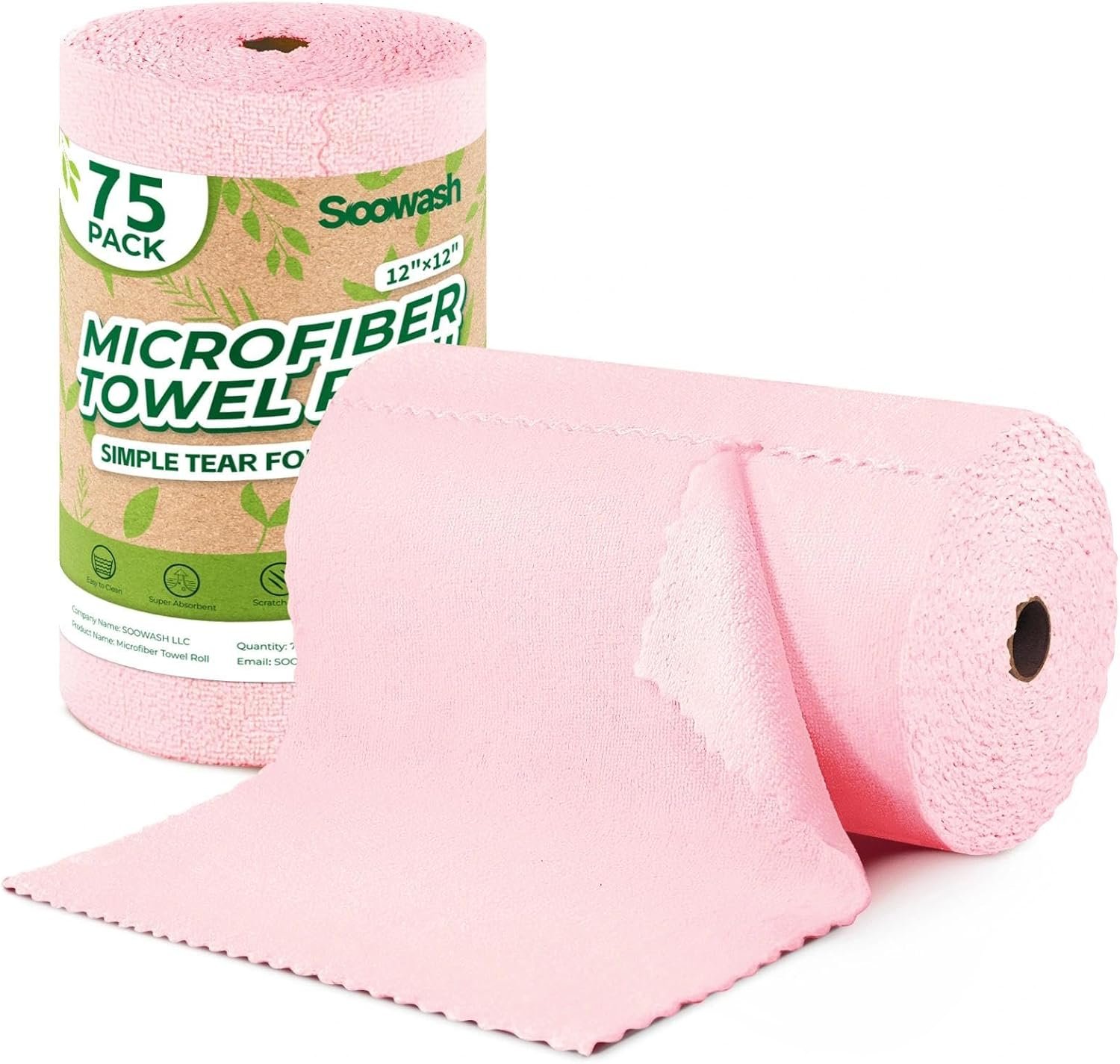Microfiber Cleaning Cloths Roll, 75 Pack Tear Away Microfiber Towels Roll, 12″ x 12″ Lint Free Rags, Reusable Cleaning Cloths, Washable, Scratch Free,Ultra Absorbent Dish Rags(Pink)