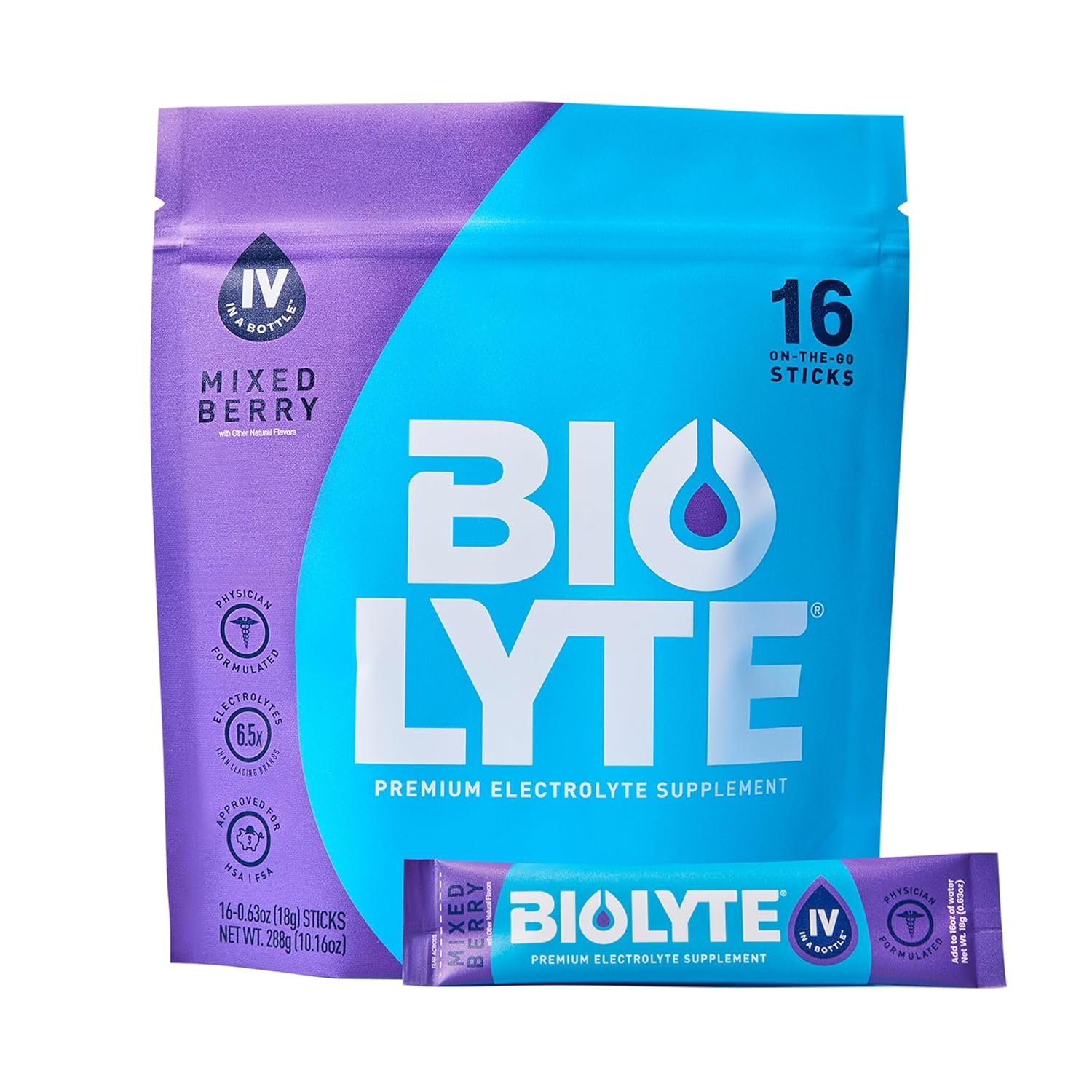BIOLYTE IV Electrolyte Powder Packets, IV Liquid Drink Mix for Water, Doctor-Developed Hydration, HSA Approved Dehydration Relief, Chemotherapy Must Haves for Women & Men – Mixed Berry (16 Sticks)