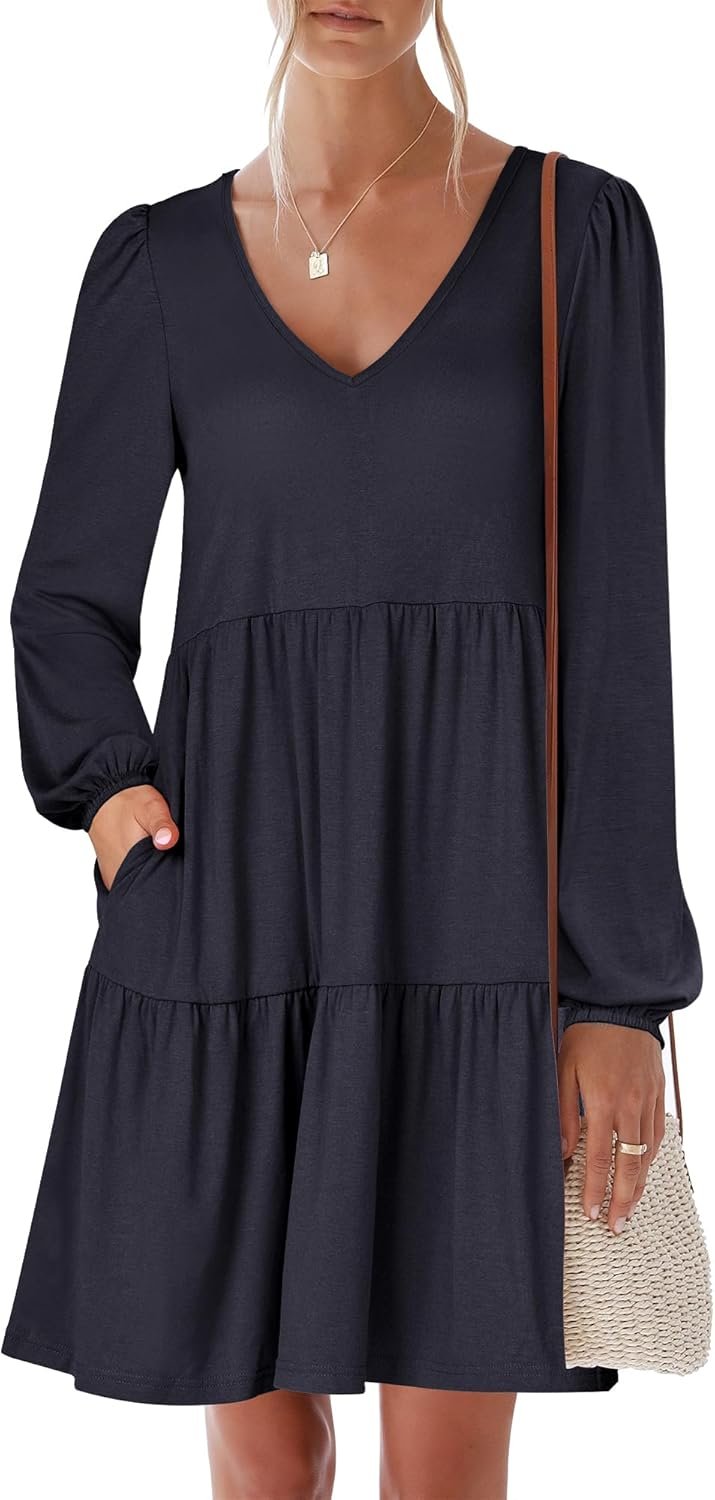 ANRABESS Womens Long Sleeve Dress 2025 Fall Casual V Neck Tiered Flowy Short Dresses Beach Travel Vacation Outfits