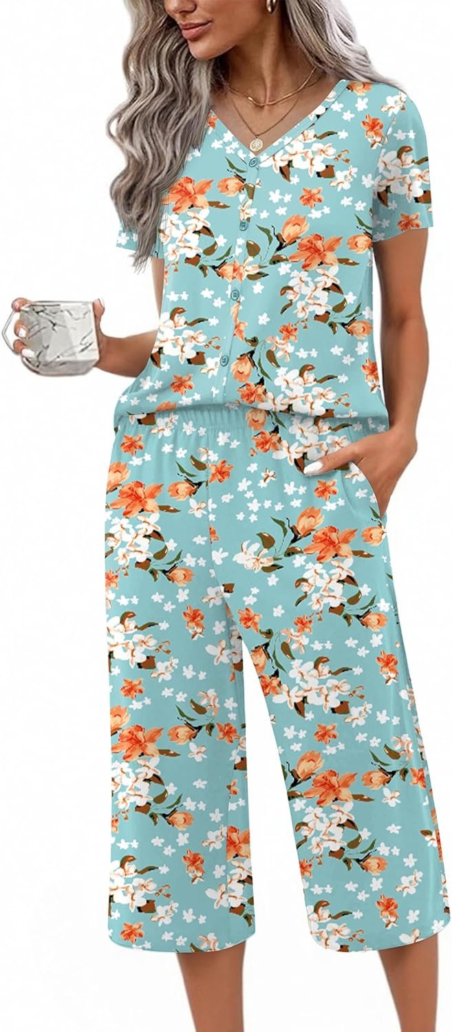 Ekouaer Women’s Pajama Sets Short Sleeve Sleepwear Button Up Pj Loungewear Top and Capri Pants with Pockets