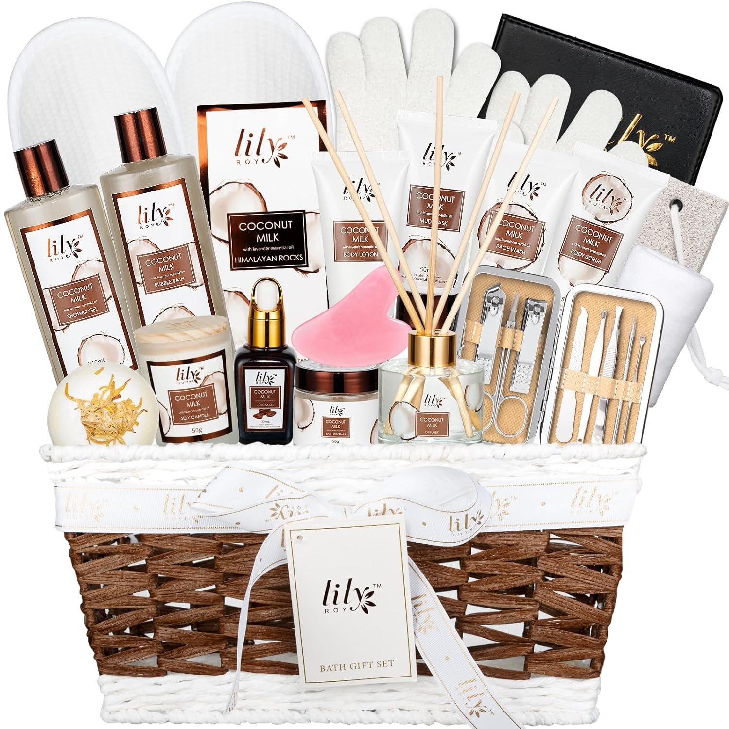 Coconut Vanilla Spa Gift Set for Women Christmas Gifts – Luxurious 28-Piece Body Care Collection, Moisturizing Bath & Body Basket Gift Set for Mother’s Day, Birthday, Self Care Gift