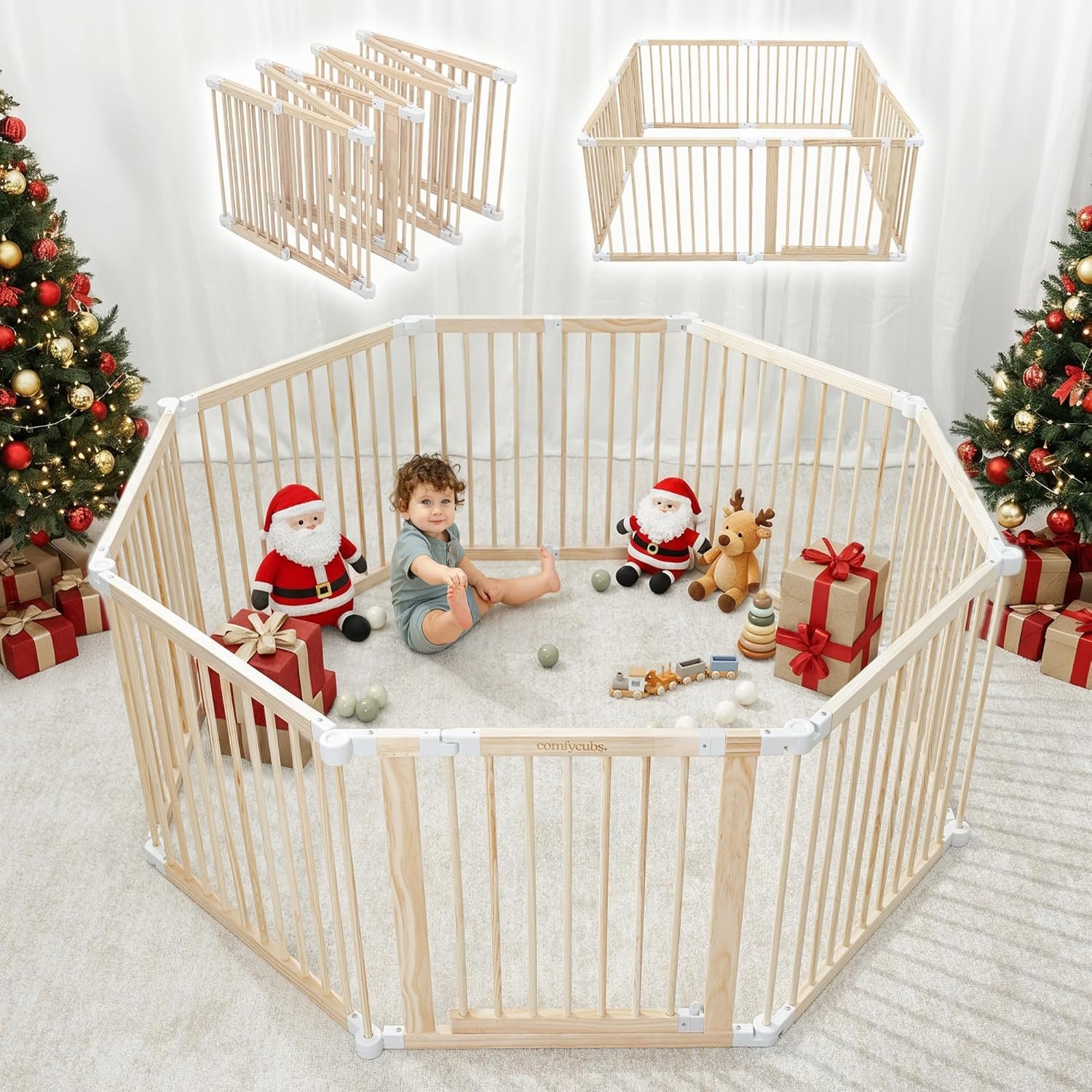 Comfy Cubs Baby Gate Playpen – 57 x 57 x 25 in, Extends Up to 228” – Pine Wood Foldable Playpen with Child-Proof Lock – Easy Assembly Baby Fence Play Area for Babies & Toddlers – Light Wood White
