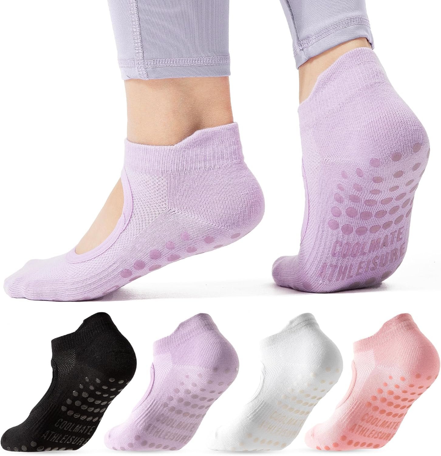 CoolMate Pilates Socks with Grips for Women, Yoga Socks, Crew Non Slip Women for Barre, Pilates Gifts