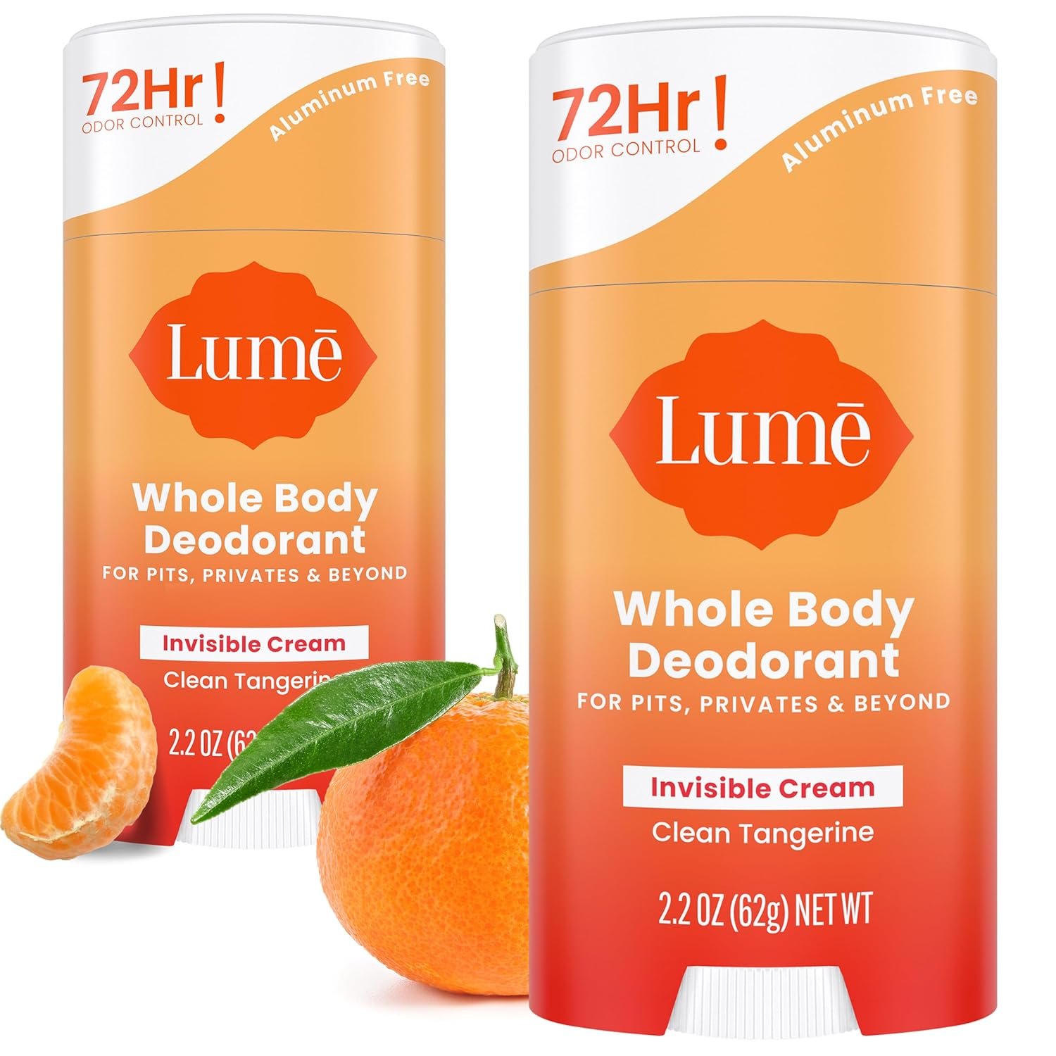 Lume Whole Body Deodorant – Invisible Cream Stick – 72 Hour Odor Control – Aluminum Free, Baking Soda Free, Skin Safe – 2.2 Ounce (Pack of 2) (Clean Tangerine)