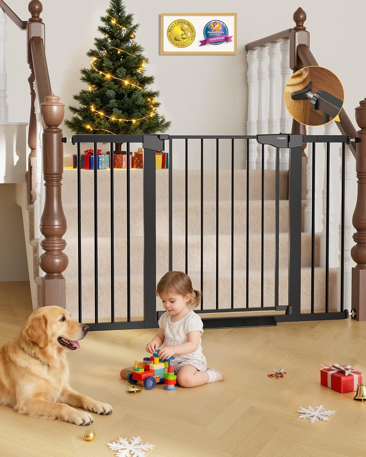 Cumbor 29.7″–51.5″ Extra Wide Baby Gate for Stairs, Pressure-Mounted Dog Gates for Doorways & Hallways, Auto-Close Walk-Through, No-Trip Design, Child Proof Safety, Dog/Pet Gate for Indoor Use, Black